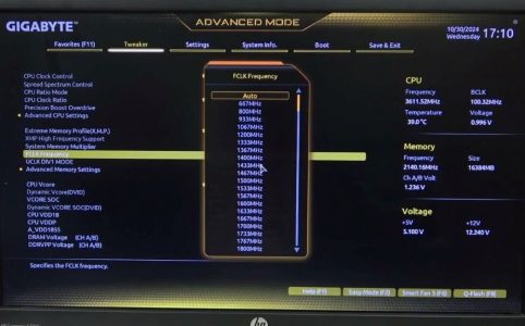 Gigabyte BIOS interface showing FCLK frequency settings in advanced memory configuration menu