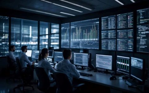 Startup founder analyzing AI consulting ROI charts and growth metrics on multiple computer screens