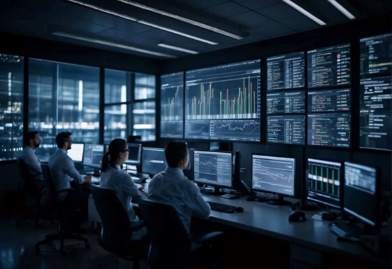 Startup founder analyzing AI consulting ROI charts and growth metrics on multiple computer screens