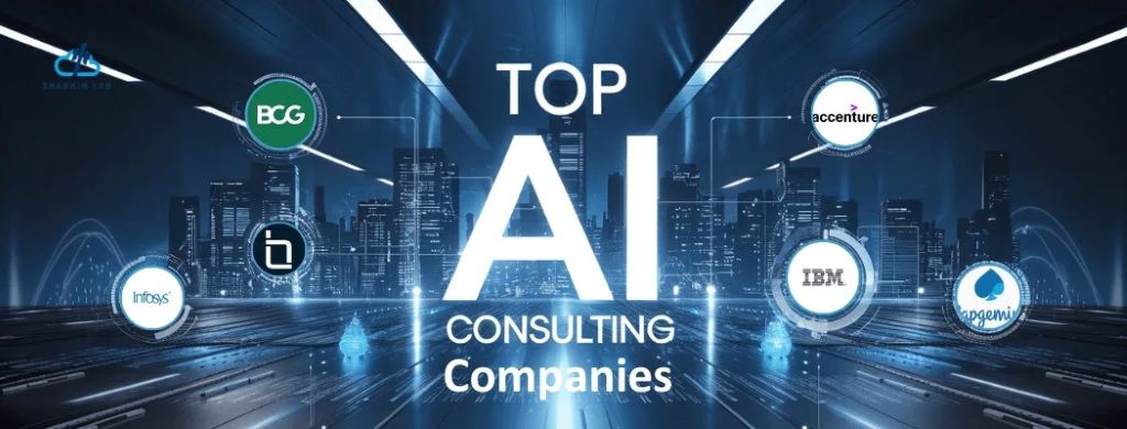 Professional AI consultants collaborating with startup team in modern office setting with digital dashboards