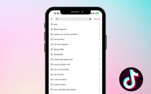 A close-up of the TikTok app’s search bar showing auto-suggested keywords for interior design