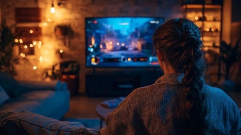 A person relaxing on a couch, deeply engrossed in playing an epic fantasy RPG on their smartphone