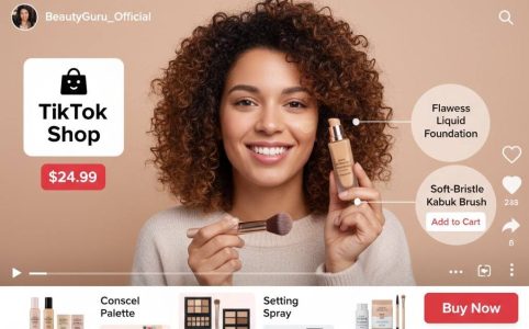 Vibrant screenshot of TikTok Shop interface showing product tags in a short-form video demo.