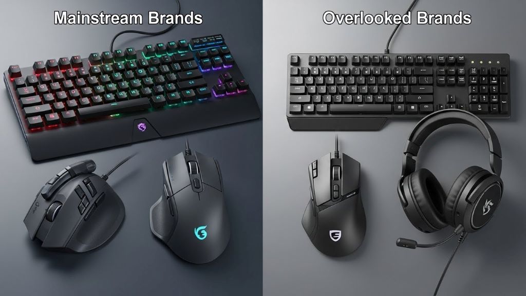 Gaming peripheral comparison showing mainstream and overlooked brand keyboards, mice, and headsets side by side