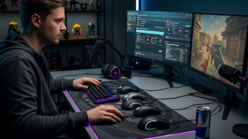 Competitive gamer testing multiple gaming mice on mousepad to compare performance and features