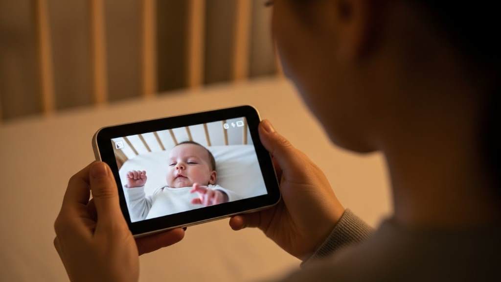 Parent holding a handheld unit showing sharp HD video feed of a baby, highlighting detailed facial expressions and movements.