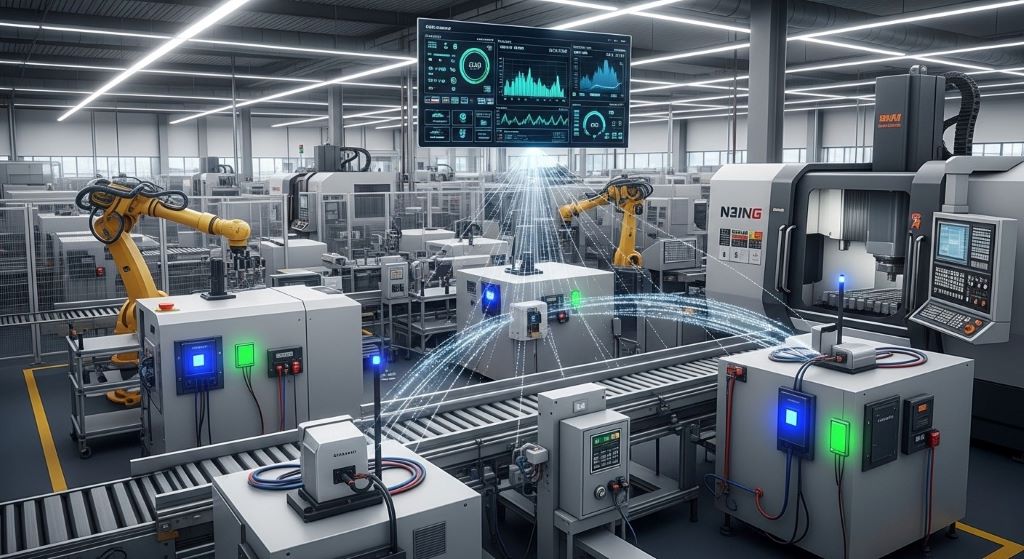 Industrial IoT sensors installed on manufacturing equipment for automated performance monitoring without human intervention