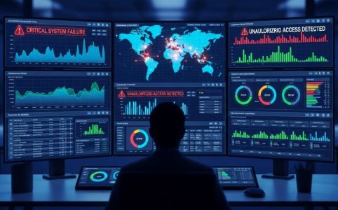 Control room dashboard displaying real-time automated monitoring data with graphs and alerts replacing manual observation