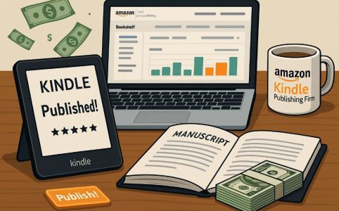 Writer in California working on digital book for Amazon Kindle with publishing tools and passive income strategy.