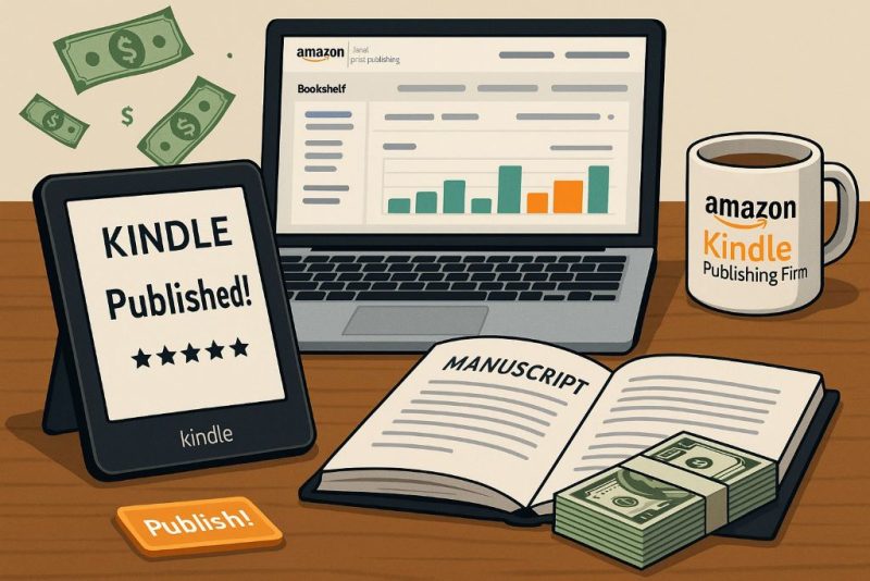 Writer in California working on digital book for Amazon Kindle with publishing tools and passive income strategy.