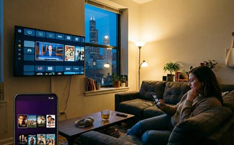 Chicago skyline at night with streaming apps overlay on smart TV screen