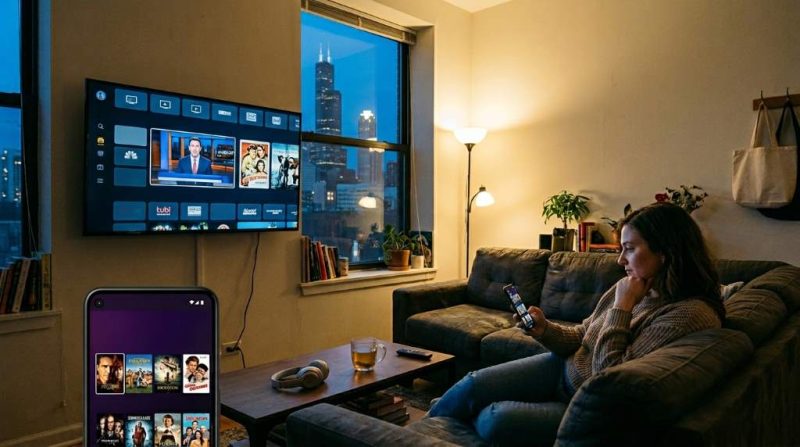 Chicago skyline at night with streaming apps overlay on smart TV screen