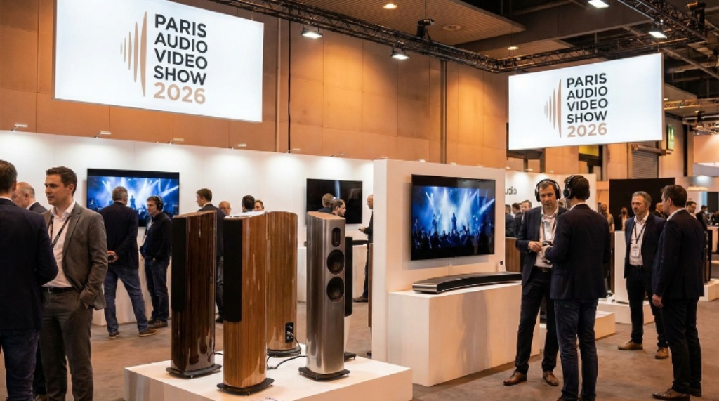 Audiophiles exploring Hi-Fi equipment displays at Paris Audio Video Show 2026 inside Palais des Congrès