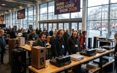 Audiophiles exploring Hi-Fi equipment displays at Paris Audio Video Show 2026 inside Palais des Congrès