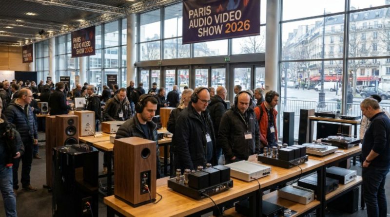 Audiophiles exploring Hi-Fi equipment displays at Paris Audio Video Show 2026 inside Palais des Congrès