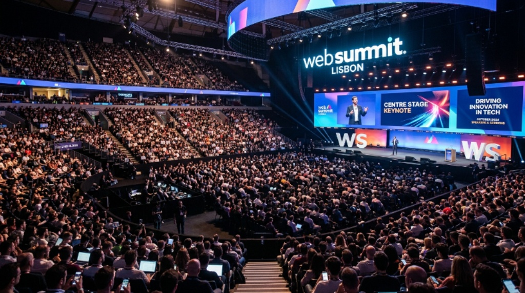 Thousands of tech professionals filling the Centre Stage auditorium at Web Summit in Lisbon, with a large screen displaying the event branding during a keynote presentation