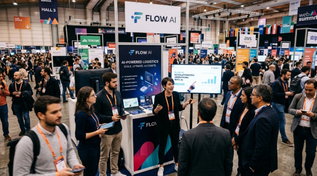 Startup founders pitching their technology to investors at the Web Summit exhibition floor, surrounded by branded booth displays and networking attendees