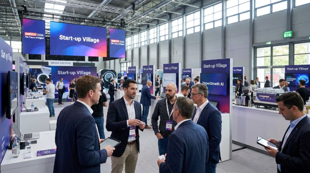 Startup founders and investors networking at the DMEXCO 2026 Start-up Village inside the Messe Cologne exhibition halls