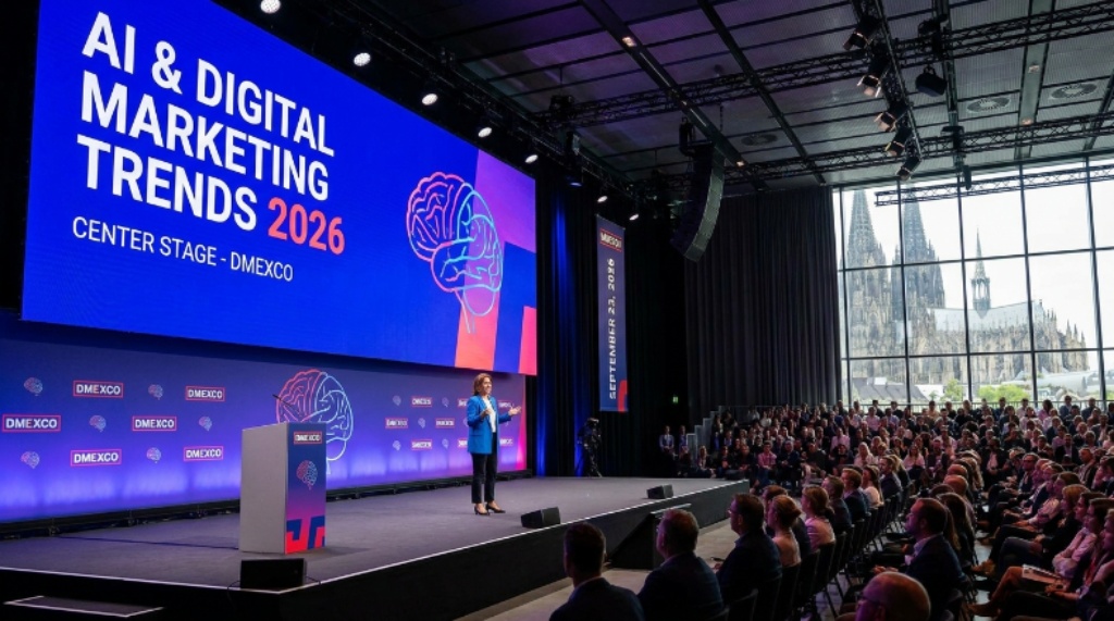 A keynote speaker presenting AI and digital marketing trends on the Center Stage at DMEXCO 2026 in Cologne, Germany