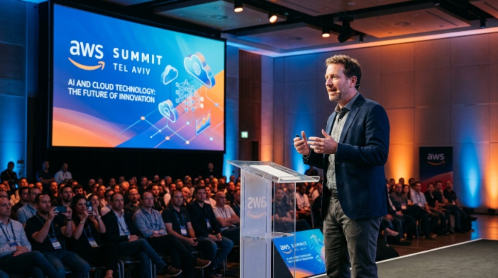 Speaker presenting AI and cloud technology at AWS Summit Tel Aviv