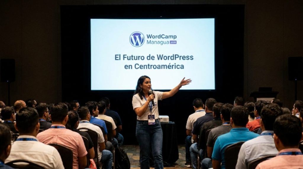Speaker presenting WordPress session at WordCamp Managua 2026
