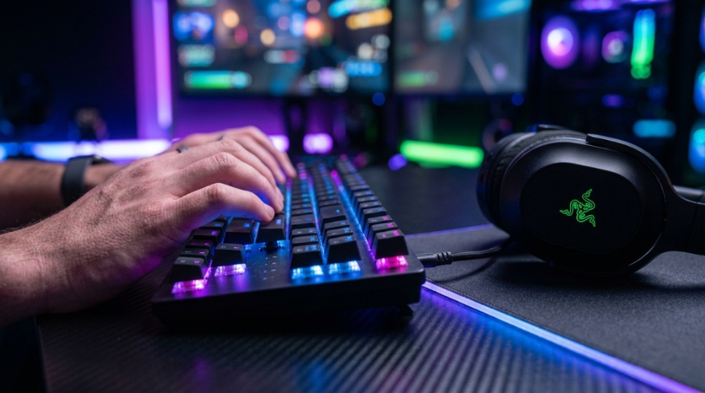 Close-up of hands typing on a mechanical keyboard with a headset nearby.