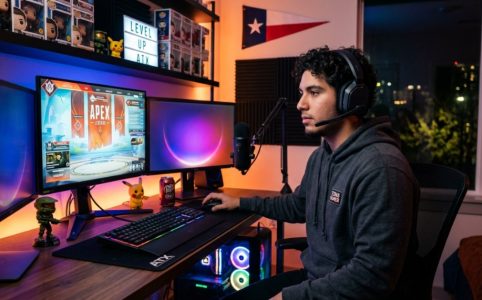 Texas gamer wearing a budget noise-cancelling headset at a neon desk setup.