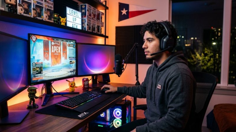 Texas gamer wearing a budget noise-cancelling headset at a neon desk setup.