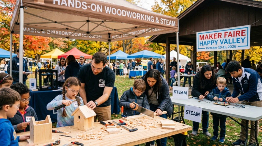 Maker showing a robotics and wearable technology display at Maker Faire Happy Valley 2026, Central PA