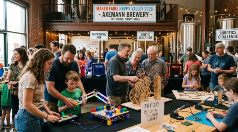 Visitors exploring interactive maker exhibits at Maker Faire Happy Valley 2026 at Axemann Brewery in Bellefonte, Pennsylvania