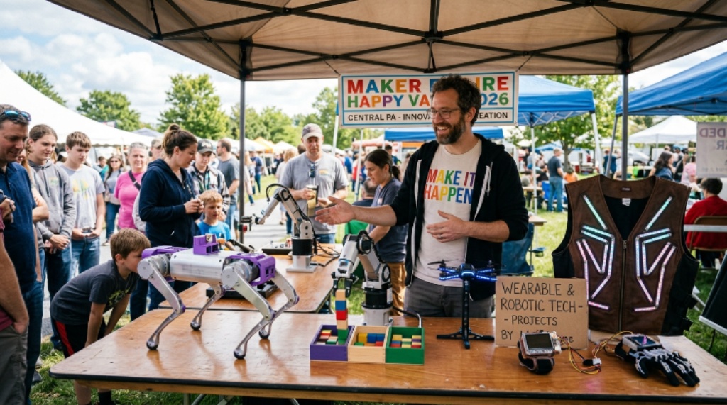 Children and families participating in hands-on woodworking and STEAM activities at Maker Faire Happy Valley in October 2026