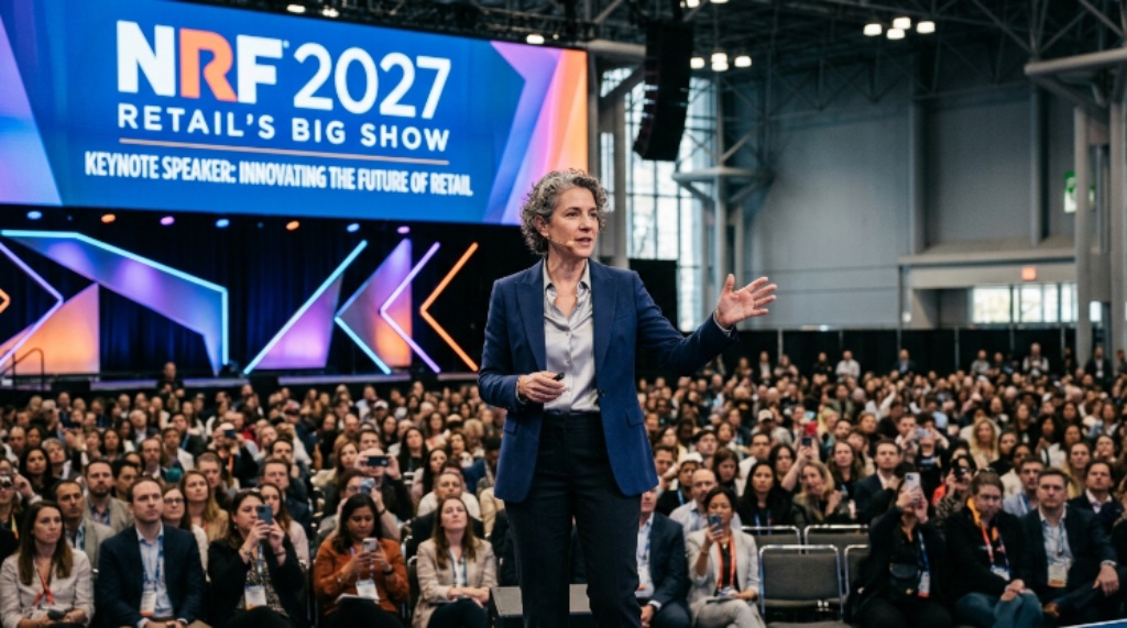 Keynote speaker presenting on stage at NRF 2027 Retail's Big Show with a large audience in attendance