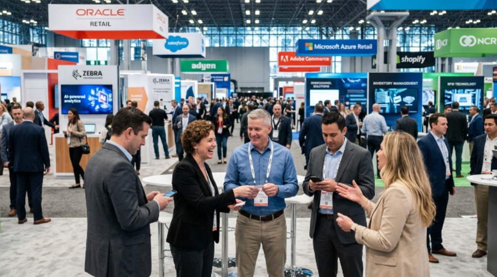 Retail professionals networking on the NRF 2027 expo floor surrounded by technology exhibitors
