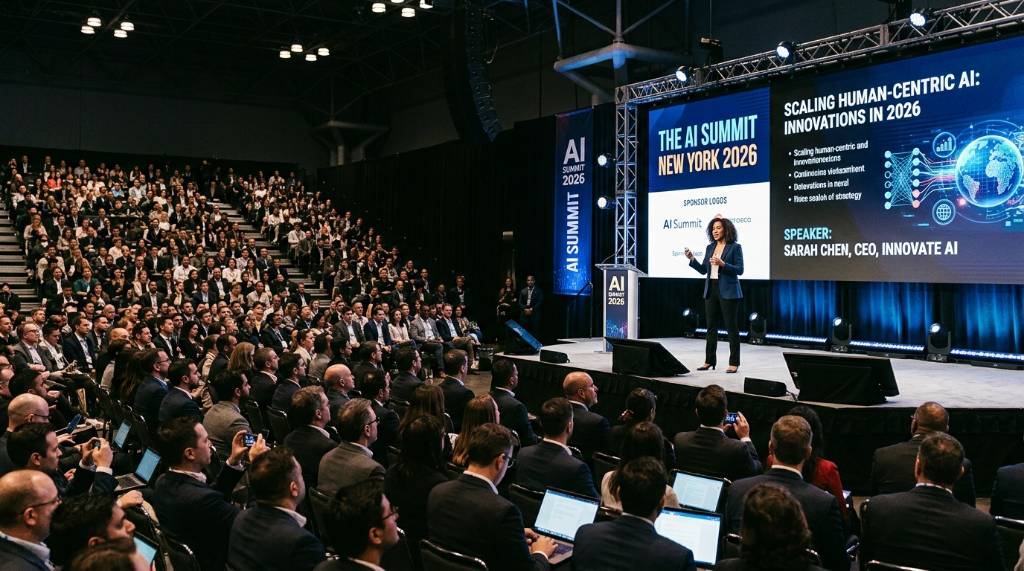 Speaker presenting on stage at The AI Summit New York 2026 with a large audience of AI industry leaders