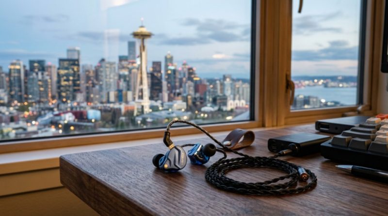 Budget IEM headphones on a wooden desk with a city view.