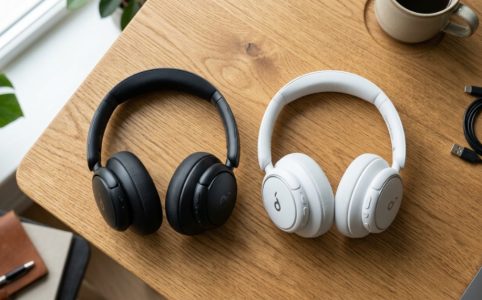 wo Soundcore wireless headphones displayed side by side on a wooden desk.