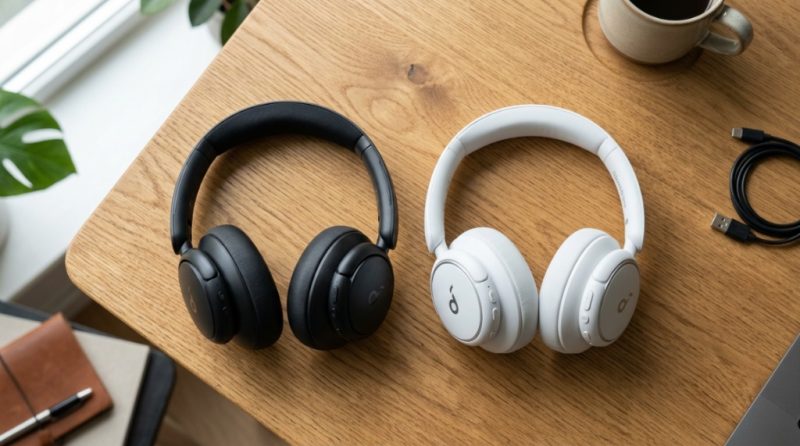 wo Soundcore wireless headphones displayed side by side on a wooden desk.