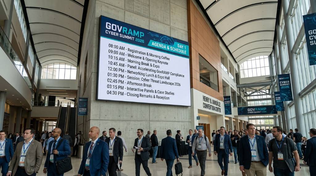 GovRAMP Cyber Summit 2026 agenda schedule displayed on screen at the Henry B. González Convention Center